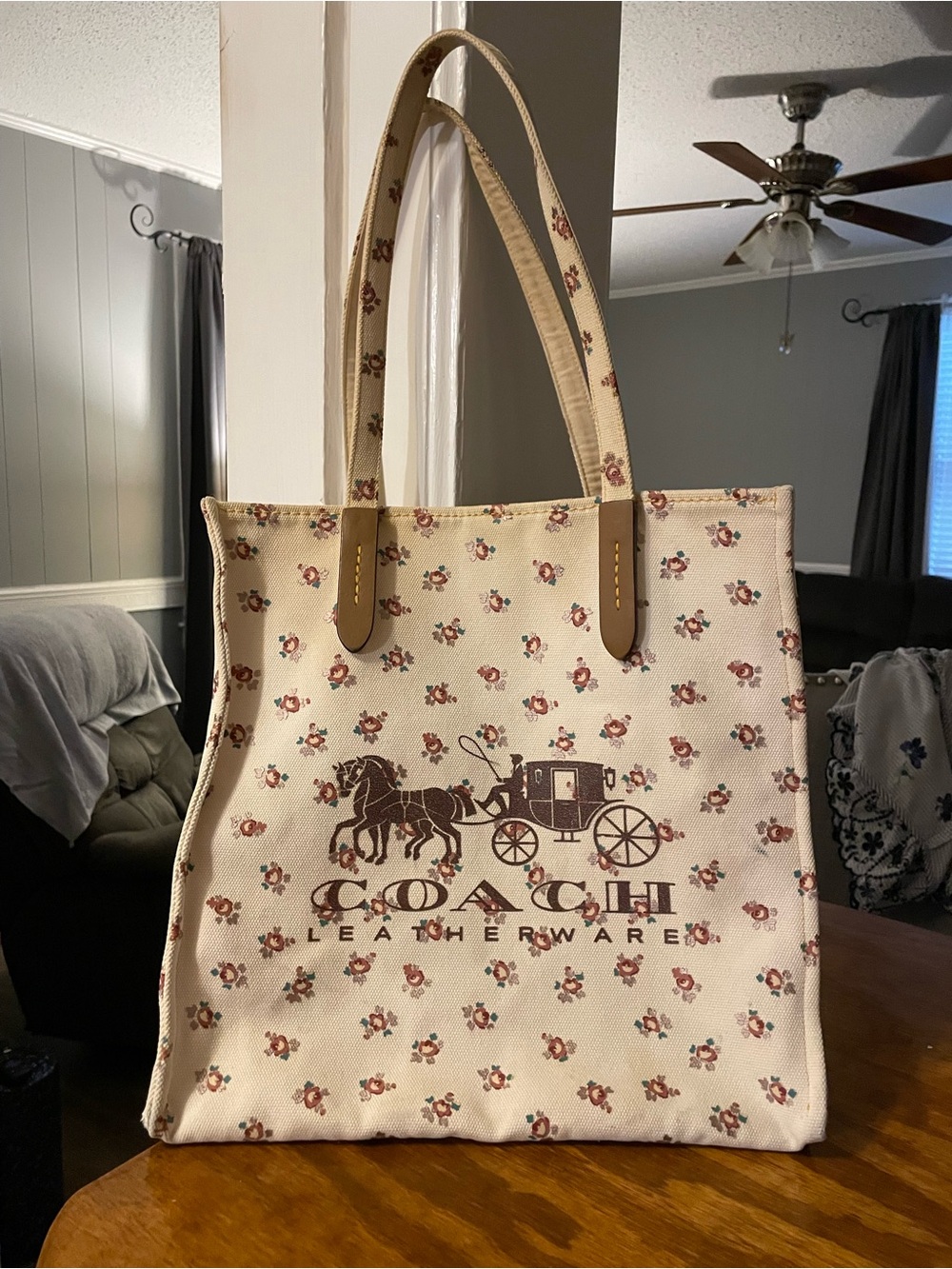 Coach Cream Canvas Floral Tote with Brown Coach Carriage Logo